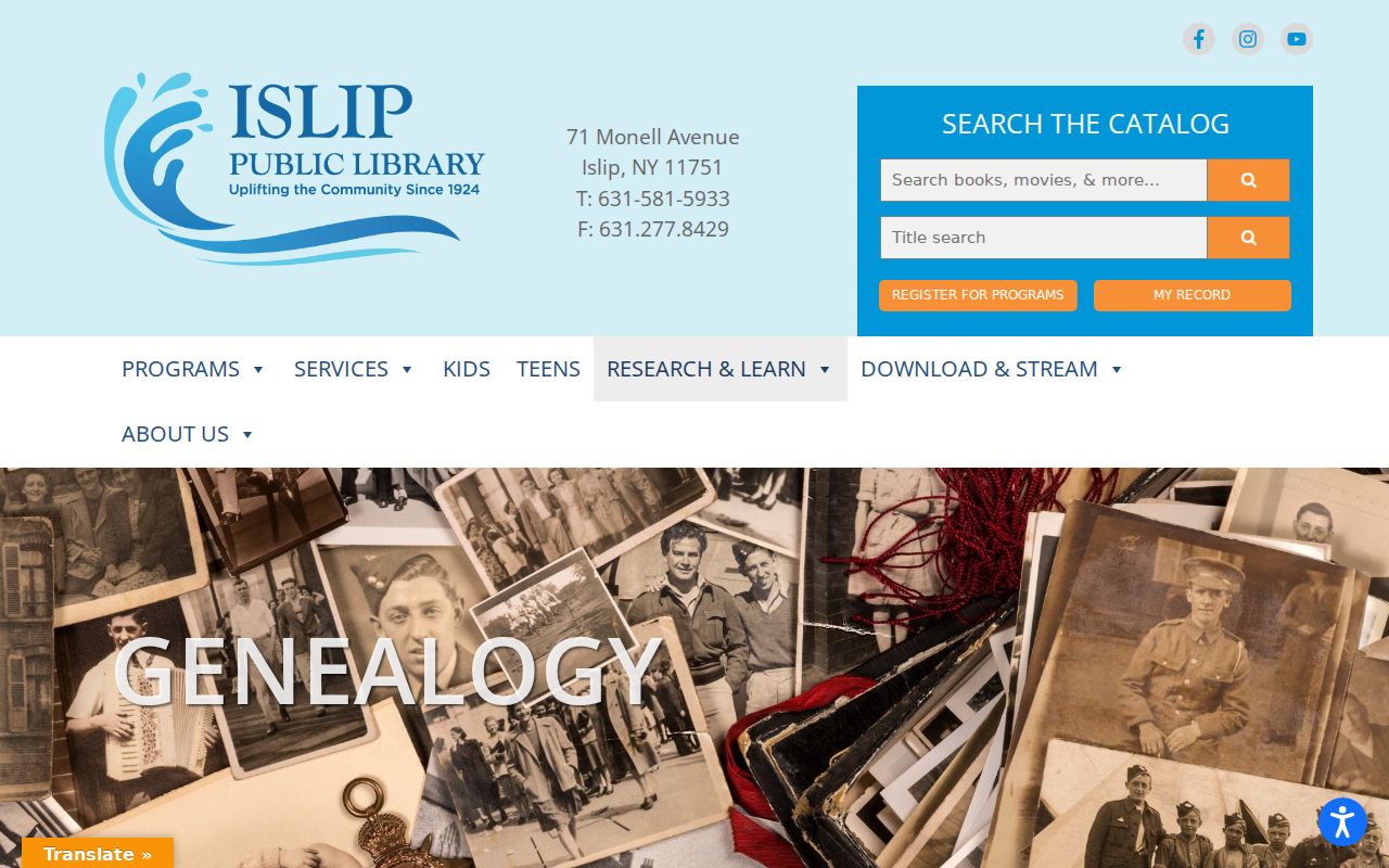 Town of Islip city directory research resources at the Islip Public Library genealogy page
